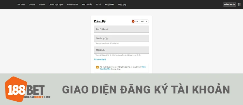 Mẫu form đăng ký tài khoản Nhacai188BET.com