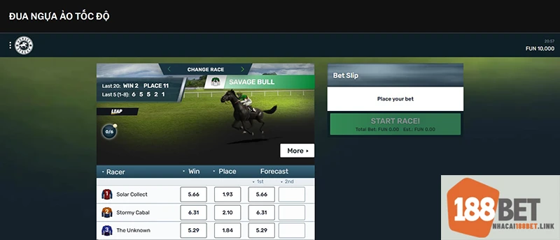 Giao diện cá cược đua ngựa ảo tại nhacai188bet.link