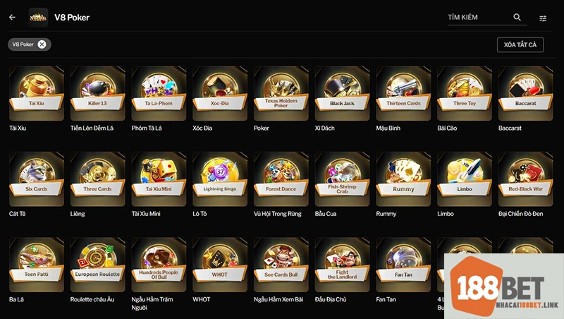 Giao diện sảnh V8 Poker tại game giải trí 188BET