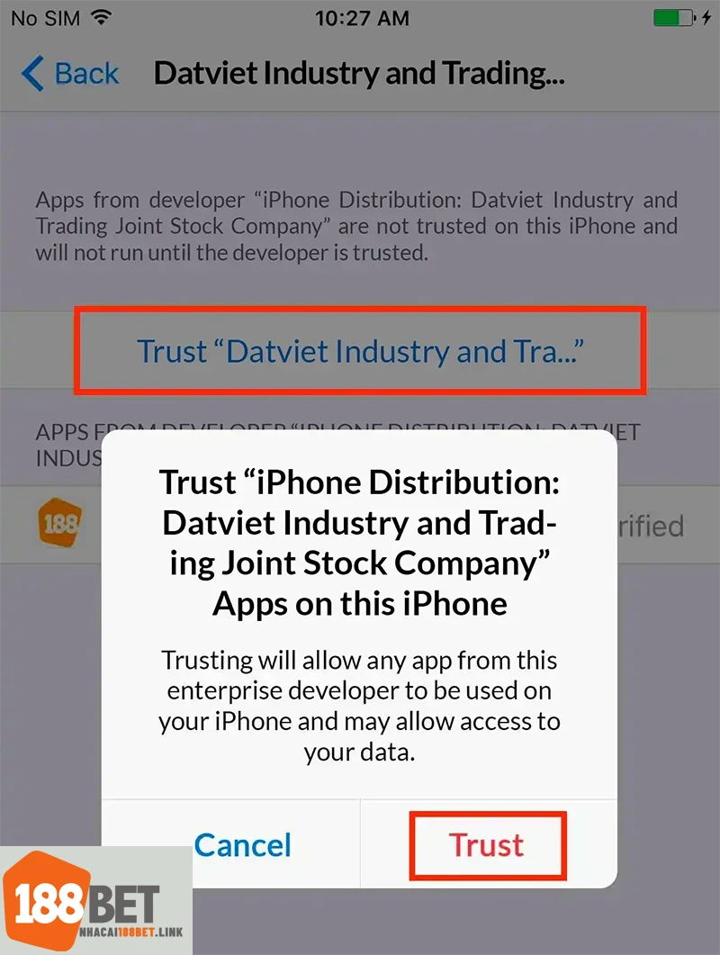 Xác nhận phần Tin cậy để có thể sử dụng app 188BET Link